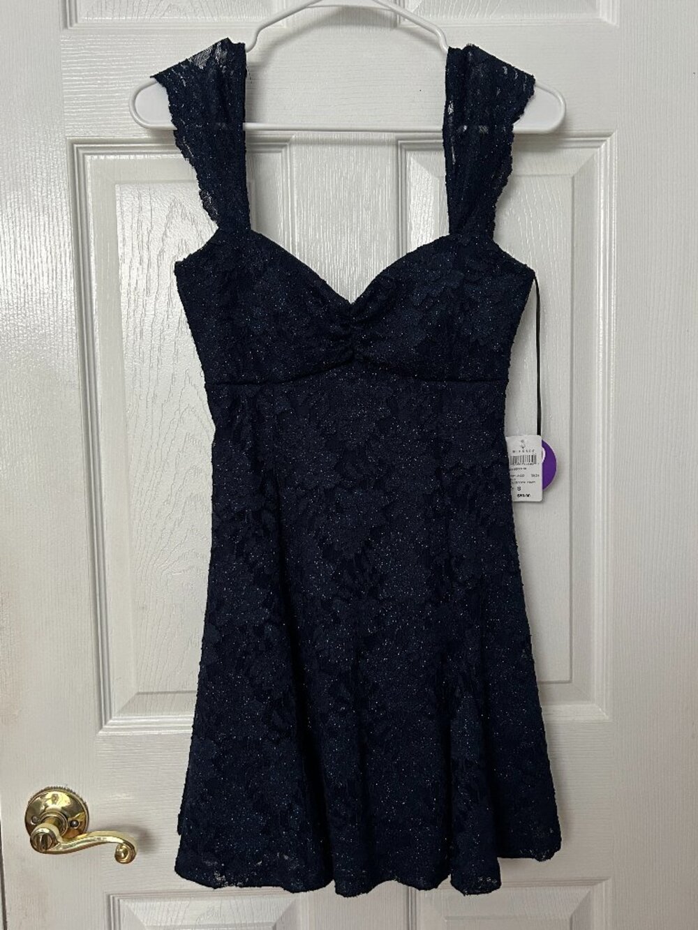 Windsor Dark Blue Glitter Lace Mini Dress Women's Small Lace-Up A-Line NWT